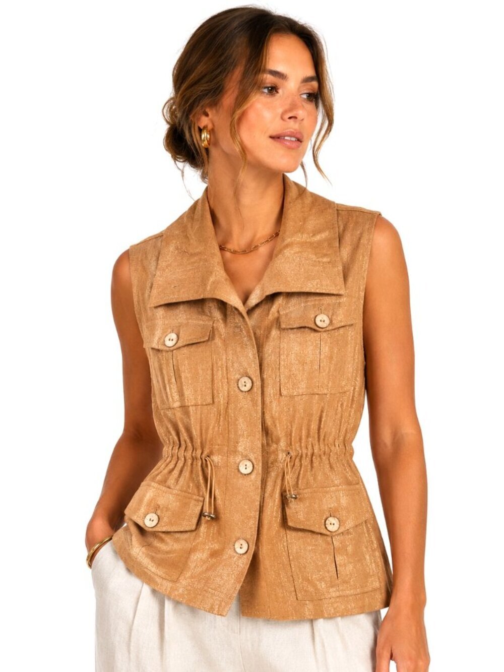 Ruby Rd. Shimmery Gold Tan Linen Button-Down Vest